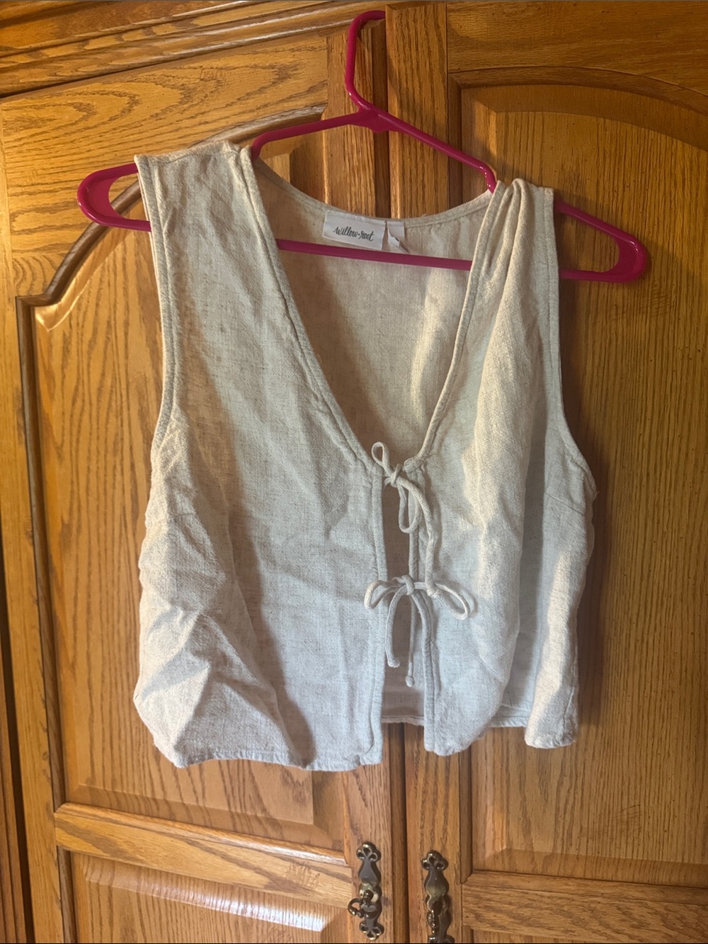 Sleeveless Cream Tie-Front Linen Blend Top